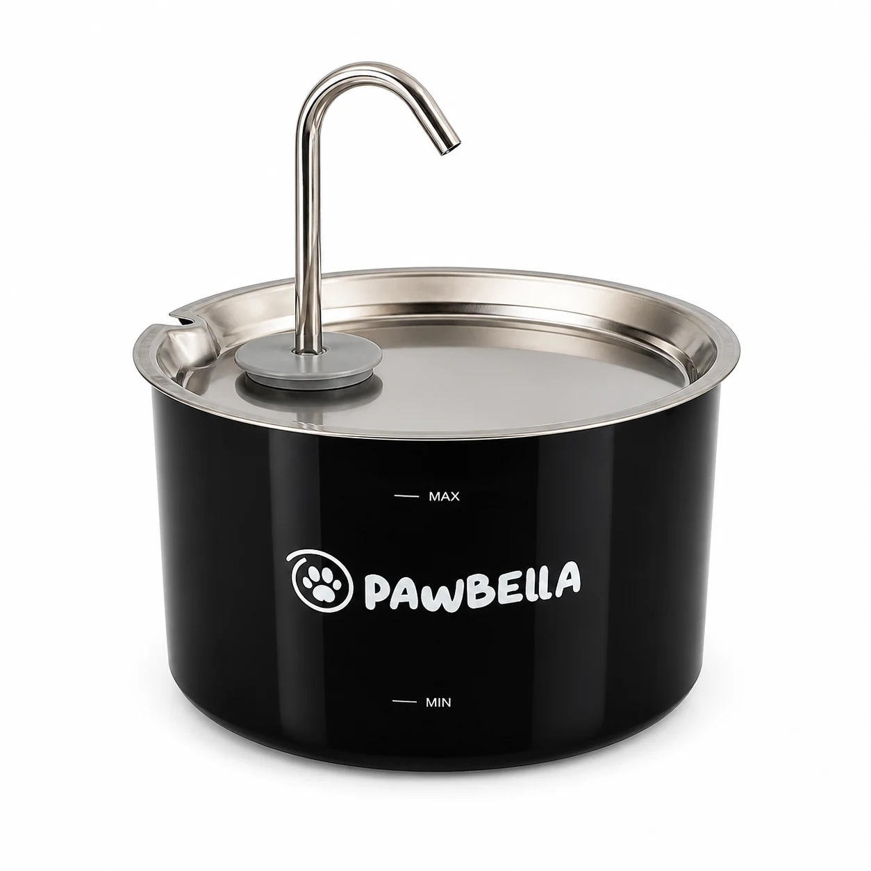 Fântână Pawbella neagră cu tavă din inox și robinet curbat